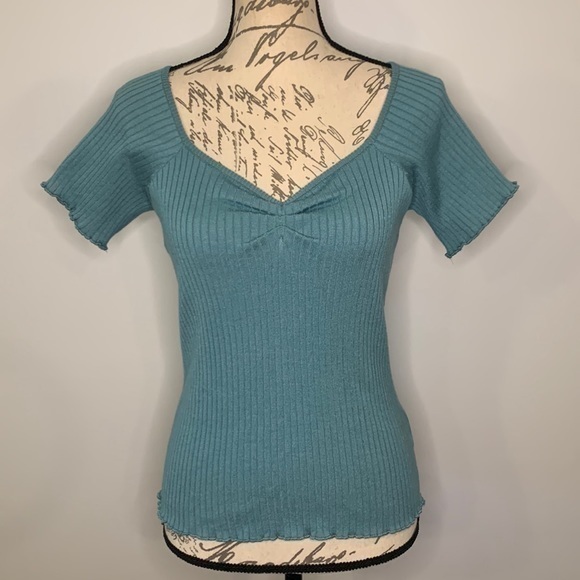 Wishlist NWT ruched ribbed sweetheart knit top dusty aqua junior large - Picture 1 of 6